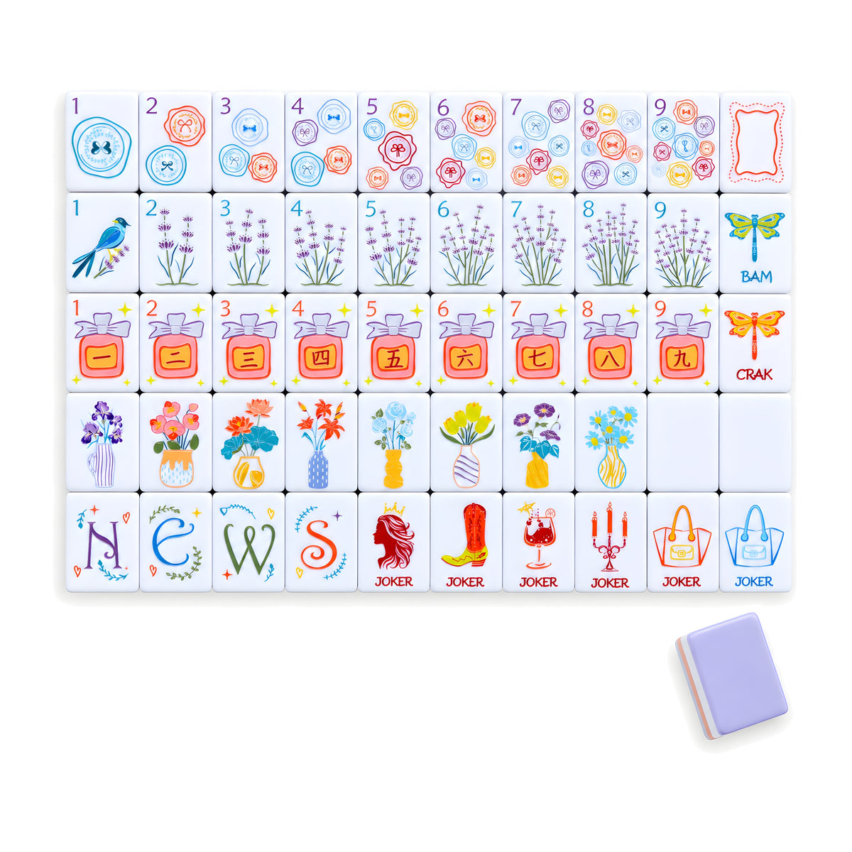 Violette American mahjong tiles, one of each tile laid out in a grid with one tile face down showing the lavender back