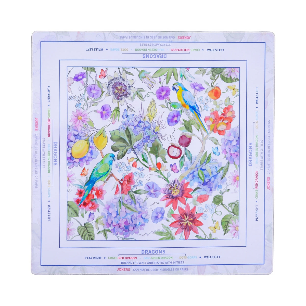 Watercolor garden mahjong mat with hydrangeas, passionflowers and a macaw, shown flat from above on white